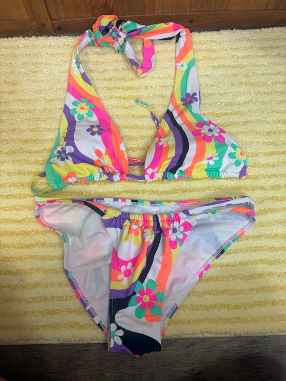 Floral Stripe Halter Bikini Set in Multicolor Pink
